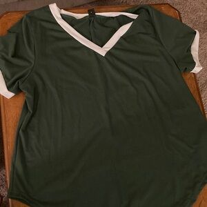 SHEIN Dark Green V-Neck Tee with White Trim